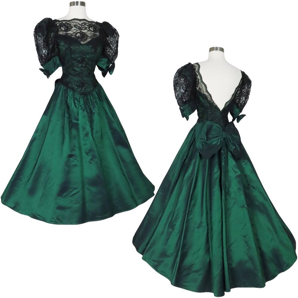 Vintage 80s Green Taffeta Black Lace  Full Skirt Prom Gown Party Dress XXS XS